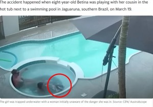ブラジル南部サンタカタリーナ州先月19日、温水浴槽の吸水口に髪を吸い込まれたベチナちゃん。吸水口には吸い込み防止のための安全対策はされていなかった（画像は『Yahoo News Australia　2023年4月9日付「Girl’s near-death experience after freak pool mishap: ‘A miracle’」（Source: CEN/ Australscope）』のスクリーンショット）