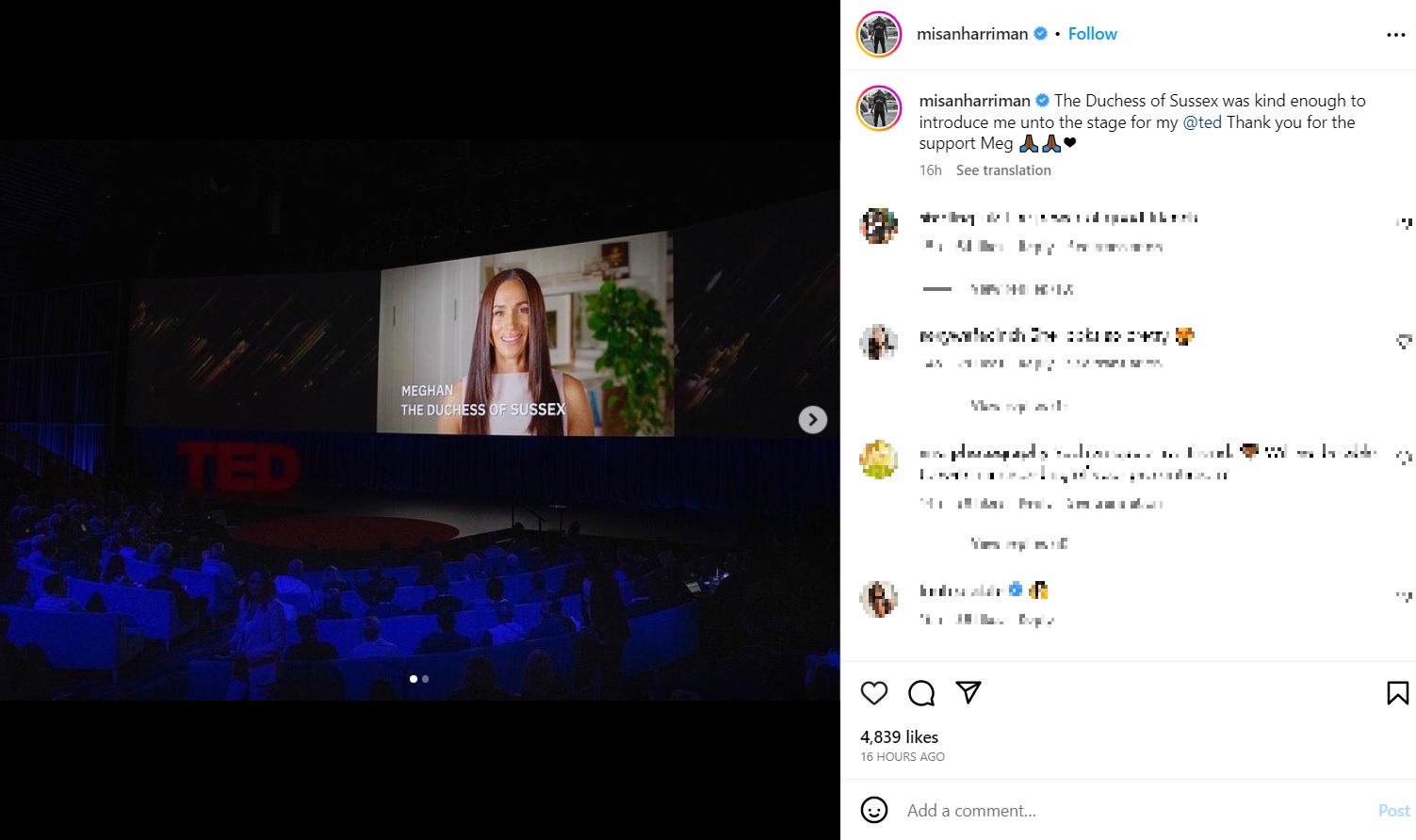 「TEDトーク」のイベントで、ステージのスクリーンに登場したメーガン妃。「優れた写真を撮ることができる比類なき眼力を持っている」とミサン・ハリマン氏を紹介した（画像は『Misan Harriman　2023年4月23日付Instagram「The Duchess of Sussex was kind enough to introduce me unto the stage for my ＠ted Thank you for the support Meg」』のスクリーンショット）