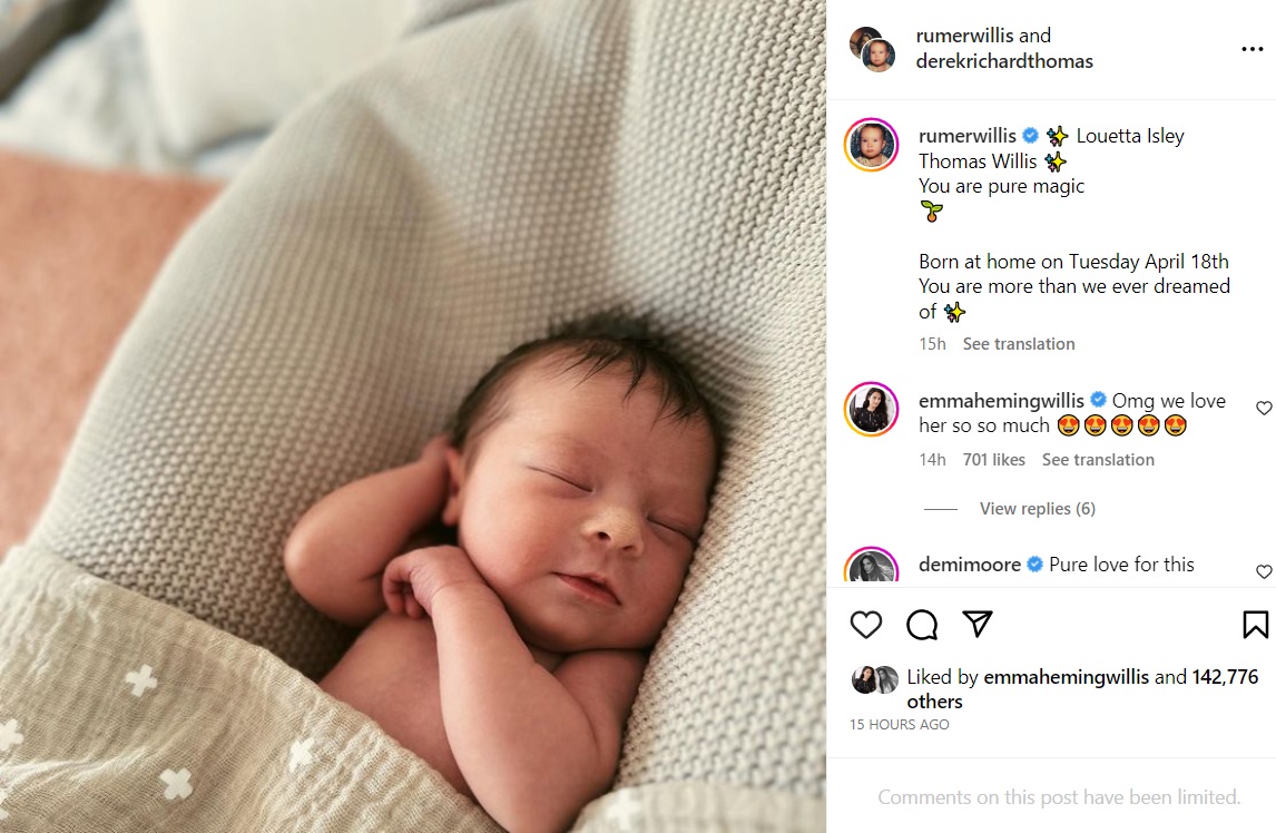 4月18日に誕生したルーマー・ウィリスとデレク・リチャード・トーマスの第1子女児「ルウェッタ・アイズレー・トーマス・ウィリス」ちゃん（画像は『Rumer Glenn Willis　2023年4月25日付Instagram「Louetta Isley Thomas Willis」』のスクリーンショット）