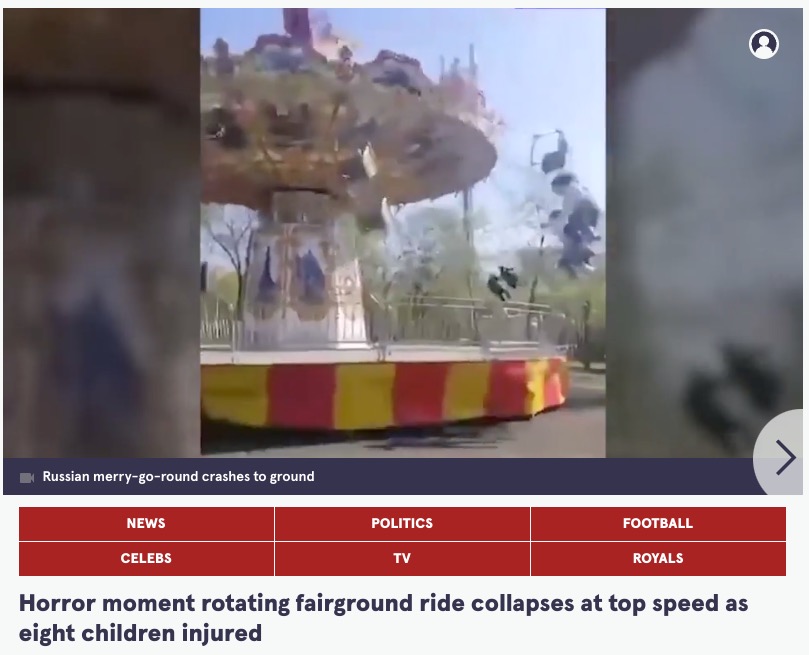 乗客が投げ出される瞬間。乗っていた20人が重軽傷を負い、10歳の少女と27歳の女性を含む3人が極めて深刻な状態と伝えられている（画像は『The Mirror　2023年5月6日付「Horror moment rotating fairground ride collapses at top speed as eight children injured」（Will Stewart/EAST 2 West news）』のスクリーンショット）
