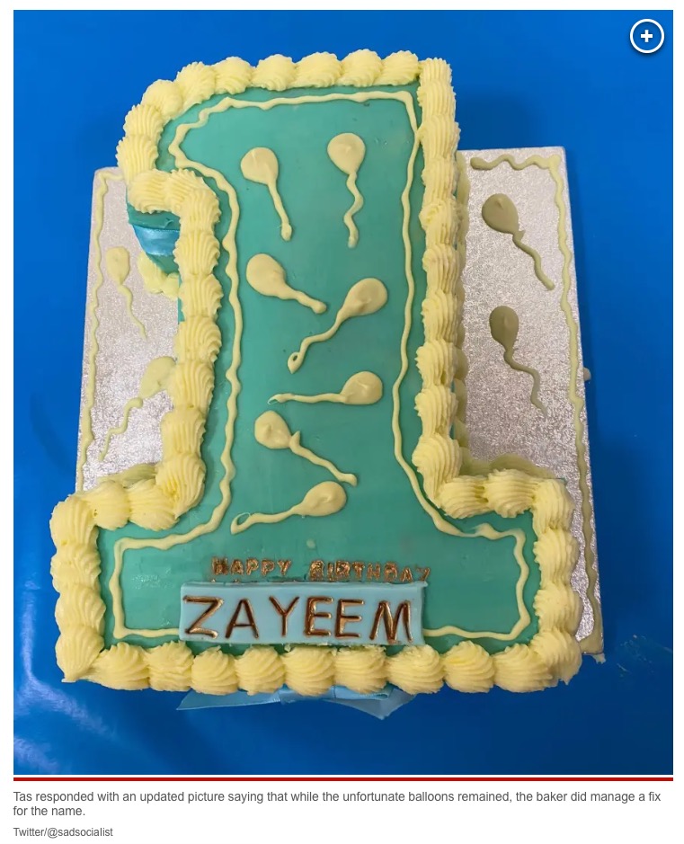 頼んだものとは違うデザインのケーキにタスさんは納得できず。名前だけ“ゼイーム（Zayeem）”に修正してもらったそうだ（画像は『New York Post　2023年5月25日付「My nephew’s birthday cake was misspelled ― with a crude NSFW design」（Twitter/＠sadsociaIist）』のスクリーンショット）