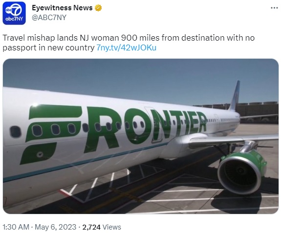 いくつかの不手際と不運が重なって、目的地から約1450kmも離れたジャマイカ・モンテゴベイ空港に到着した乗客に対して、フロンティア航空は謝罪と補償を発表した（画像は『Eyewitness News　2023年5月6日付Twitter「Travel mishap lands NJ woman 900 miles from destination with no passport in new country」』のスクリーンショット）