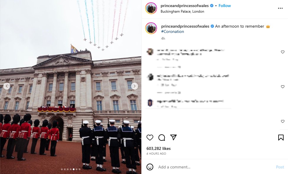 英空軍による祝賀飛行“フライパスト”がバッキンガム宮殿上空を低空飛行。宮殿のバルコニーでは王室メンバー達が空を見上げていた（画像は『The Prince and Princess of Wales　2023年5月6日付Instagram「An afternoon to remember」』のスクリーンショット）