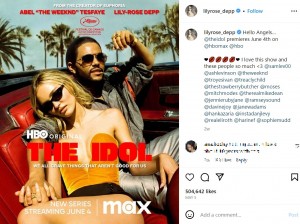リリー・ローズ・デップとザ・ウィークエンドが主演したドラマ『THE IDOL/ジ・アイドル』。リリーはアイドル歌手を演じ、ザ・ウィークエンドがカルト指導者を演じた（画像は『Lily-Rose Depp　2023年5月5日付Instagram「Hello Angels…」』のスクリーンショット）