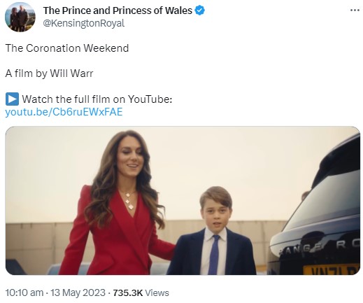 戴冠式翌日、ウィンザー城で開催した祝賀コンサートに到着したキャサリン皇太子妃とジョージ王子。ステージではウィリアム皇太子がスピーチで父への思いを伝えた（画像は『The Prince and Princess of Wales　2023年5月13日付Twitter「The Coronation Weekend」』のスクリーンショット）