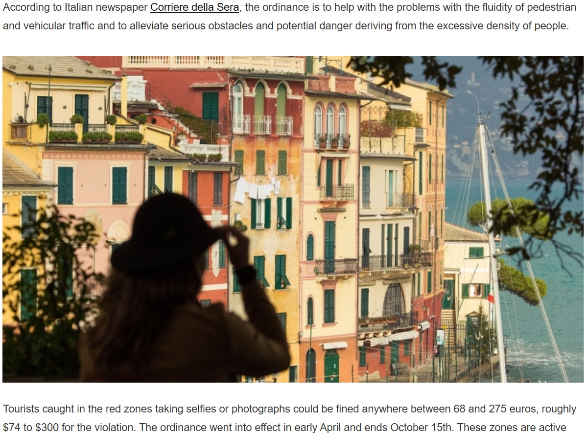 カラフルな建物が立ち並ぶイタリアの港町ポルトフィーノは、大勢の観光客が道路上で立ち止まって写真を撮る行為に頭を悩ませ、長く立ち止まっていた場合に罰金を科す条例を定めた（画像は『America Domani　2023年4月24日付「Keep Moving: Italian Riviera Hot Spot Imposes a Selfie Ban」』のスクリーンショット）
