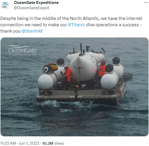 写真は今月1日にオーシャンゲート・エクスペディションズ社の公式Twitterで公開されたもの。タイタンで行くタイタニック号探検は1人25万ドル（約3560万円）という破格のツアー費用が必要で、今回の潜水ツアーにはイギリスの富豪やパキスタンの実業家、フランスの著名ダイバーらが参加していた（画像は『OceanGate Expeditions　2023年6月1日付Twitter「Despite being in the middle of the North Atlantic」』のスクリーンショット）