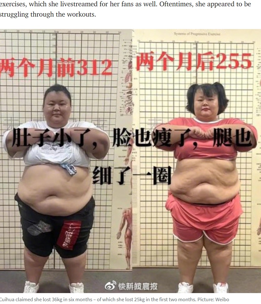 156キロの体重があった翠花さんは、最初の60日間で27.5キロ、さらにその後の6か月で11.5キロの減量に成功し、約8か月で39キロ減の117キロにまで落とした（画像は『Daily Telegraph　2023年6月14日付「Influencer Cuihua dies at Chinese weight loss camp trying to lose 90kg」（Picture: Weibo）』のスクリーンショット）