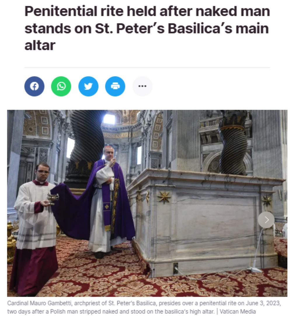 大司祭であるマウロ・ガンベッティ枢機卿は、6月3日に懺悔の儀式を執り行い祭壇を清めた。儀式にはサン・ピエトロ大聖堂の修道士と数名の信徒も参加したそうだ（画像は『CNA　2023年6月3日付「Penitential rite held after naked man stands on St. Peter’s Basilica’s main altar」』のスクリーンショット）