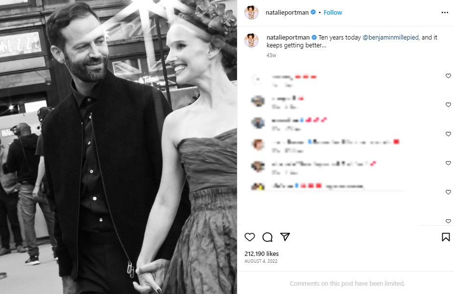ナタリー・ポートマンがベンジャミン・ミルピエとの結婚10周年記念日に公開した写真。「10年前の今日、ベンジャミンと。ますます良くなっている」と言葉を添えていた（画像は『Natalie Portman　2022年8月4日付Instagram「Ten years today ＠benjaminmillepied, and it keeps getting better…」』のスクリーンショット）