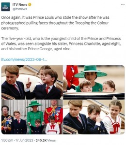 「トゥルーピング・ザ・カラー」で、さまざまな表情を見せたルイ王子。鼻をつまんだり、空を指すなど、子供らしい姿が愛らしい（画像は『ITV News　2023年6月17日付Twitter「Once again, it was Prince Louis who stole the show after he was photographed pulling faces throughout the Trooping the Colour ceremony.」』のスクリーンショット）