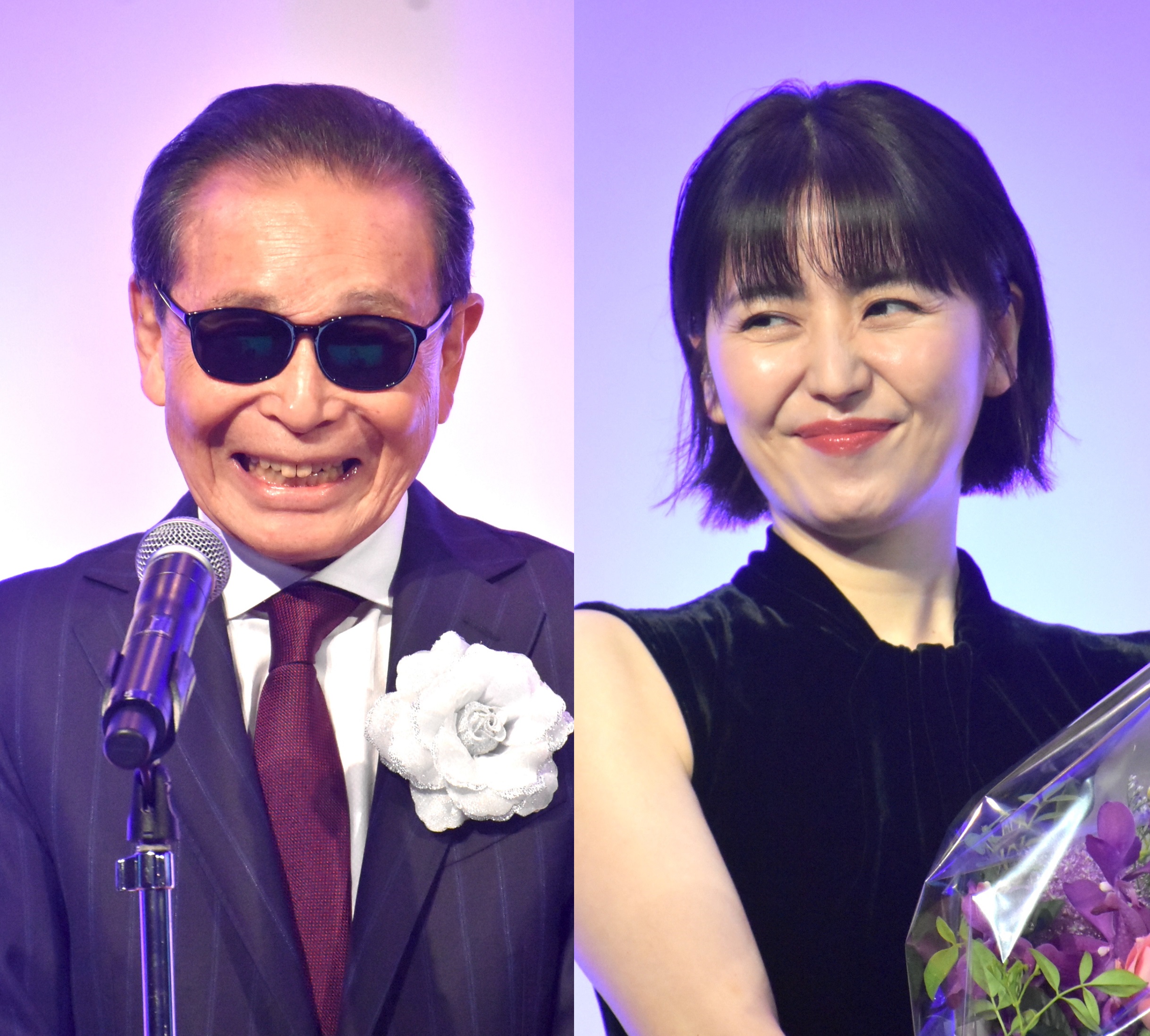 5月31日に開催された第60回ギャラクシー賞贈賞式（主催：放送批評懇談会）で受賞者のタレント・タモリと女優・長澤まさみ。ともに笑顔を見せた