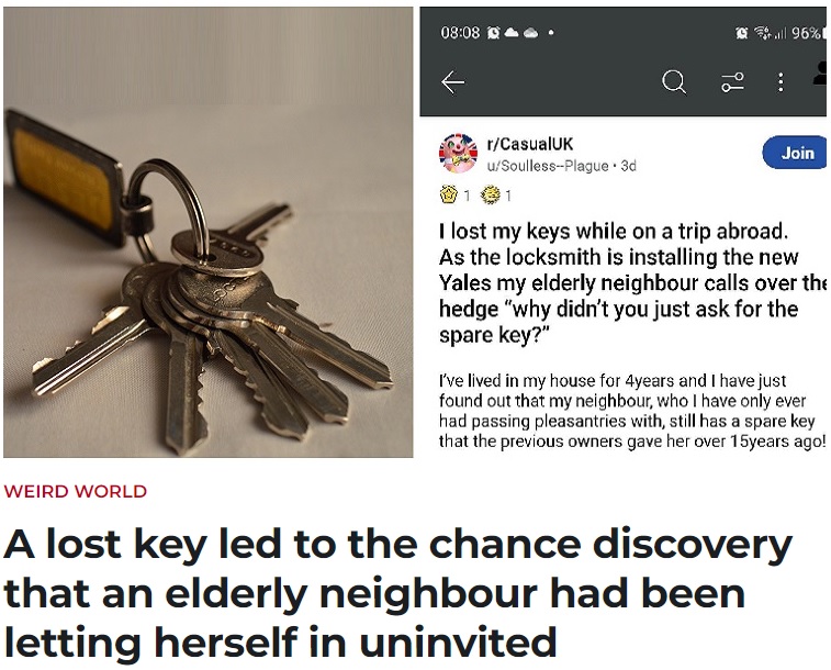 自宅の鍵を失くした住人が、業者に新しい鍵をドアに取り付けてもらっていたところ、隣人の高齢女性からその家の合鍵を持っていることを告げられる（画像は『The Poke　2023年5月26日付「A lost key led to the chance discovery that an elderly neighbour had been letting herself in uninvited」』のスクリーンショット）