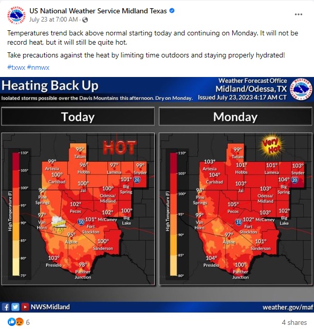 テキサス州内陸部のミッドランド・オデッサエリアは、7月は連日のように猛暑日、超熱帯夜が続いている（画像は『US National Weather Service Midland Texas　2023年7月23日付Facebook「Temperatures trend back above normal starting today and continuing on Monday.」』のスクリーンショット）