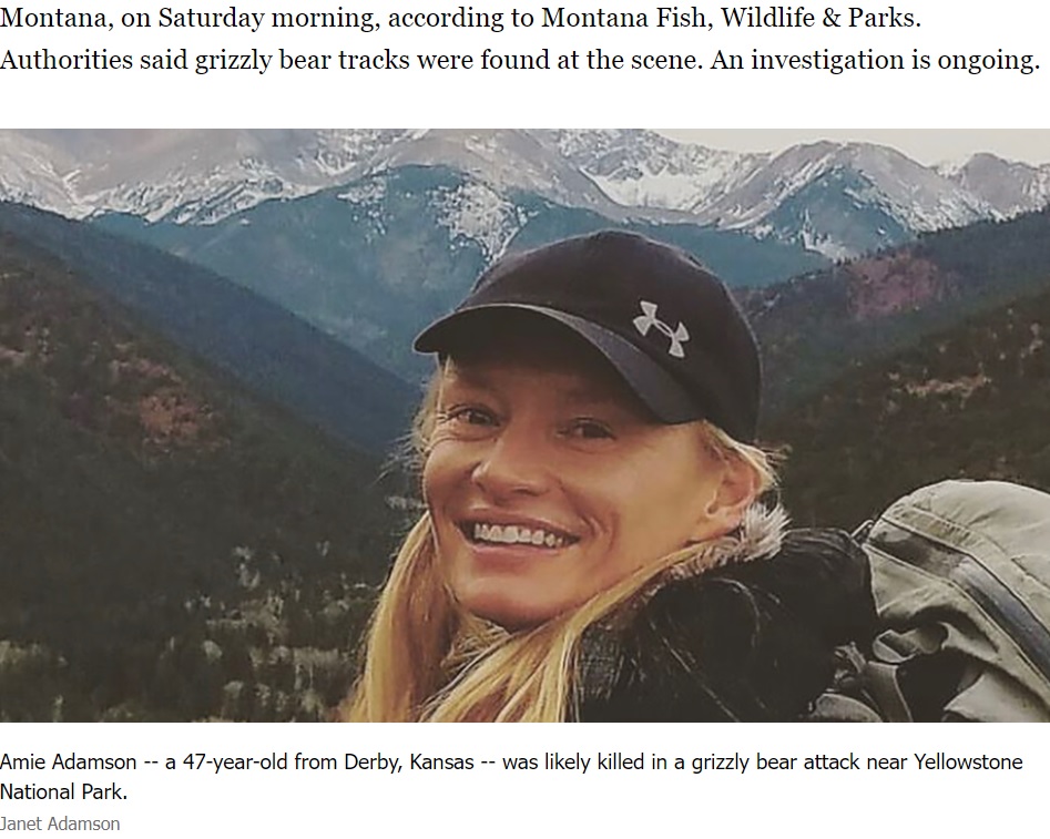米イエローストーン国立公園で、ハイイログマに襲われて死亡したエイミー・アダムソンさん（47）。専門家によると、首や頭を襲撃され3分以内に亡くなった可能性が高いという（画像は『ABC7 Chicago　2023年7月26日付「Woman found dead after suspected bear encounter near Yellowstone, officials say」』のスクリーンショット）