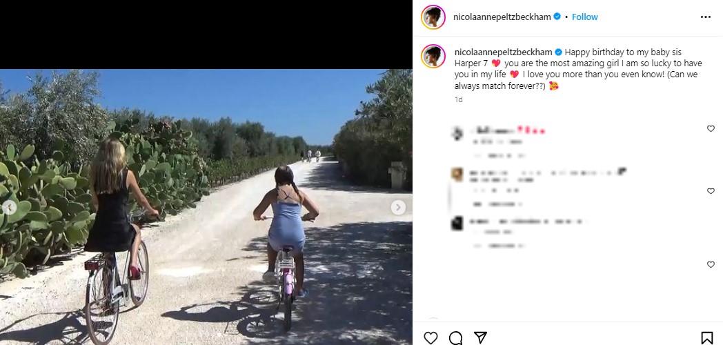 休暇先で自転車に乗るニコラとハーパーちゃん。前を走る兄たちに追いつこうとしているようだ（画像は『nicola　2023年7月10日付Instagram「Happy birthday to my baby sis Harper 7」』のスクリーンショット）