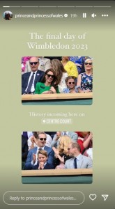 大きな笑顔を浮かべるウィリアム皇太子夫妻とシャーロット王女、ジョージ王子。この日は家族で試合を楽しんでいた（画像は『The Prince and Princess of Wales　2023年7月16日付Instagram』のスクリーンショット）