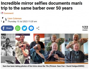 最初は時代を感じる白黒写真で、生涯の友となった2人の表情は次第に明るくなっていく。散髪してもらっていたサムさんは闘病生活を送っており、今年が最後の撮影となるようだ（画像は『Metro　2023年7月13日付「Incredible mirror selfies documents man’s trip to the same barber over 50 years」（Picture: Sam Farr / David HedgesSWNS）』のスクリーンショット）
