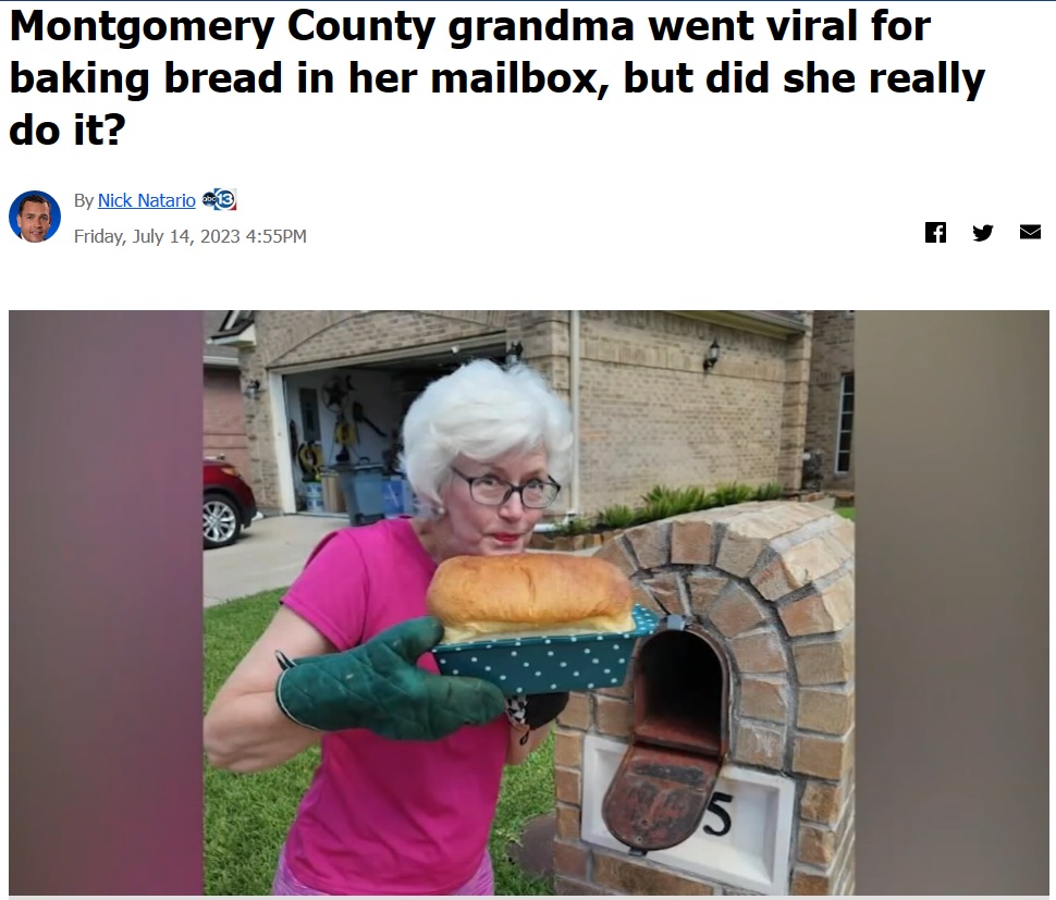 灼熱の太陽に晒された金属製の郵便受けを開けるのに、鍋つかみを使ったロバータさん。作家である彼女は想像力を働かせ、今回のアイディアを思いついたという（画像は『ABC13　2023年7月15日付「Montgomery County grandma went viral for baking bread in her mailbox, but did she really do it?」』のスクリーンショット）