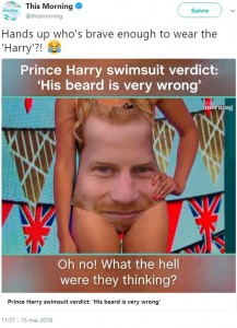 まさかのヘンリー王子の顔が大胆にプリントされた水着。顎ひげの位置が女性モデルの股にあったことからさらに爆笑を誘った（画像は『This Morning　2018年5月15日付Twitter「Hands up who’s brave enough to wear the ‘Harry’?!」』のスクリーンショット）
