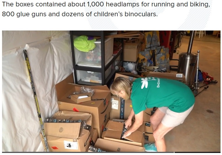 自宅地下室の一画を埋め尽くす、AmazonやFedExから届いた大量の荷物。宛先は自分の住所に間違いなかったが、宛名には知らない人物の名前が記載されていた（画像は『WUSA9　2023年7月27日付「Amazon takes action against vendor after hundreds of Amazon boxes stack up on Virginia woman’s doorstep」』のスクリーンショット）