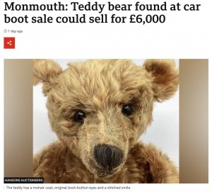 フリーマーケットで購入したテディベア。オークションで100万円超の値がつくと予想されている（画像は『BBC　2023年8月10日付「Monmouth: Teddy bear found at car boot sale could sell for ￡6,000」（HANSONS AUCTIONEERS）』のスクリーンショット）