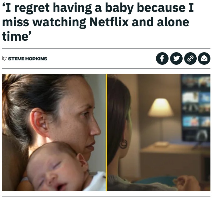 新米ママがネットに投稿した「子育てが好きじゃない」「産んだことを後悔している」という本音に、多くの先輩ママから「大丈夫よ」と優しい言葉が寄せられた（画像は『JOE.co.uk　2023年7月29日付「‘I regret having a baby because I miss watching Netflix and alone time’」』のスクリーンショット）