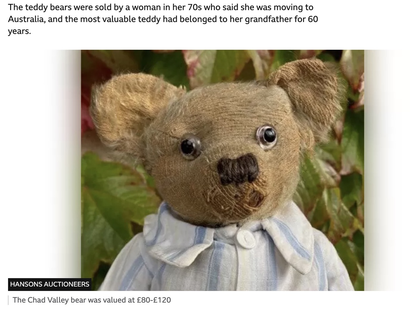 フリーマーケットで購入したもう1体のテディベアはチャド・バレー社が制作したもので、約2万2000円の値がつくと予想されている（画像は『BBC　2023年8月10日付「Monmouth: Teddy bear found at car boot sale could sell for ￡6,000」（HANSONS AUCTIONEERS）』のスクリーンショット）