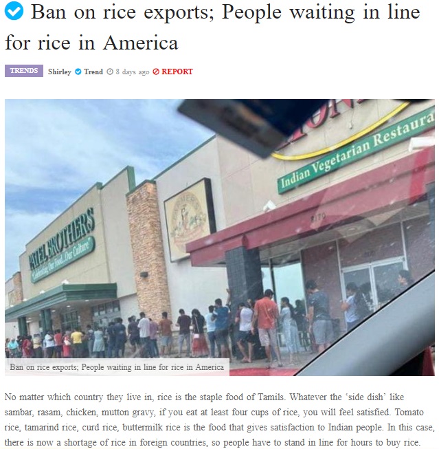全米で50店舗以上展開しているインド系スーパー「パテル・ブラザーズ（Patel Brothers）」では、インド米を買い求める人が一度に押し寄せ、店の外にまで長い行列ができた（画像は『India Posts English　2023年7月21日付「Ban on rice exports; People waiting in line for rice in America」』のスクリーンショット）