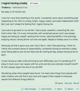 生後10か月の娘を持つ、新米ママのベリーさんが「子供を産んだことを後悔している」と題した投稿（画像は『TheBerry　2023年7月19日付Mumsnet「I regret having a baby」』のスクリーンショット）