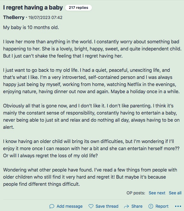 生後10か月の娘を持つ、新米ママのベリーさんが「子供を産んだことを後悔している」と題した投稿（画像は『TheBerry　2023年7月19日付Mumsnet「I regret having a baby」』のスクリーンショット）