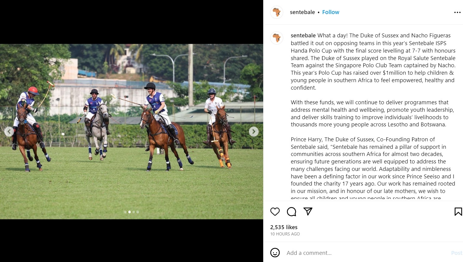 シンガポールでの慈善ポロ大会に出場したヘンリー王子（画像は『Sentebale　2023年8月12日付Instagram「What a day!」』のスクリーンショット）