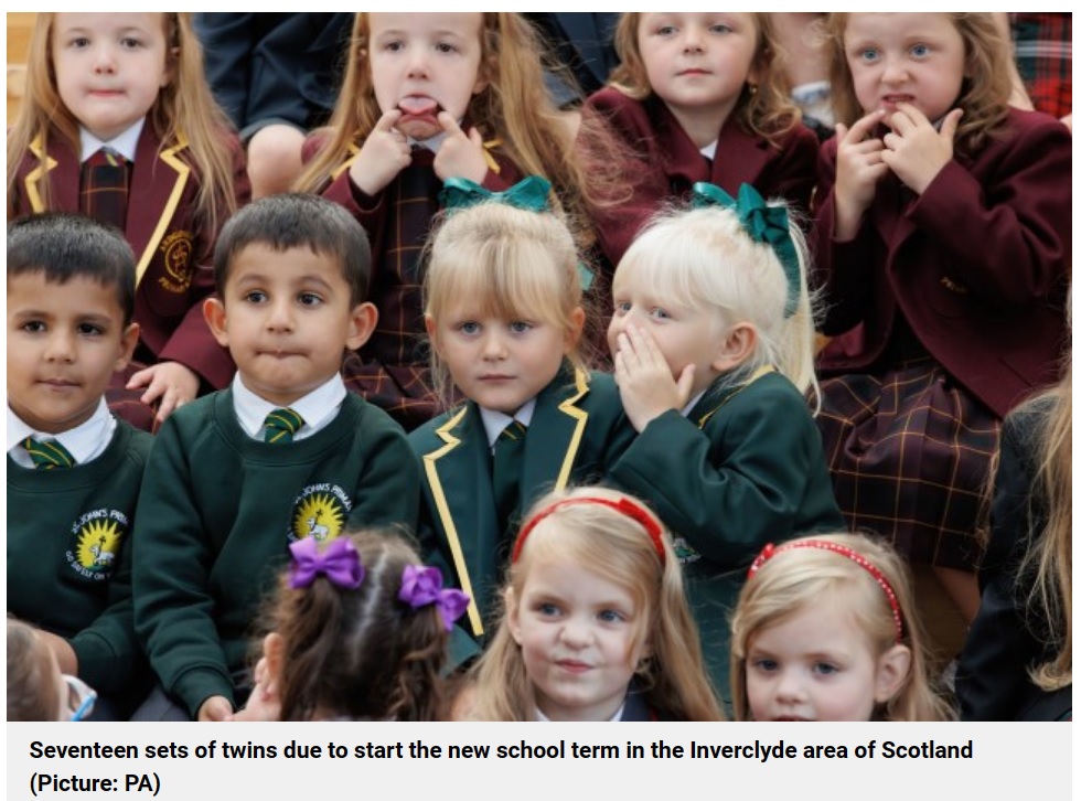 毎年多くの双子の児童を受け入れている同自治体において、今年の双子入学者数は過去2番目に多い数となり、保護者も驚いている（画像は『Metro　2023年8月11日付「17 sets of twins from the same Scottish district set to start primary school」（Picture: PA）』のスクリーンショット）