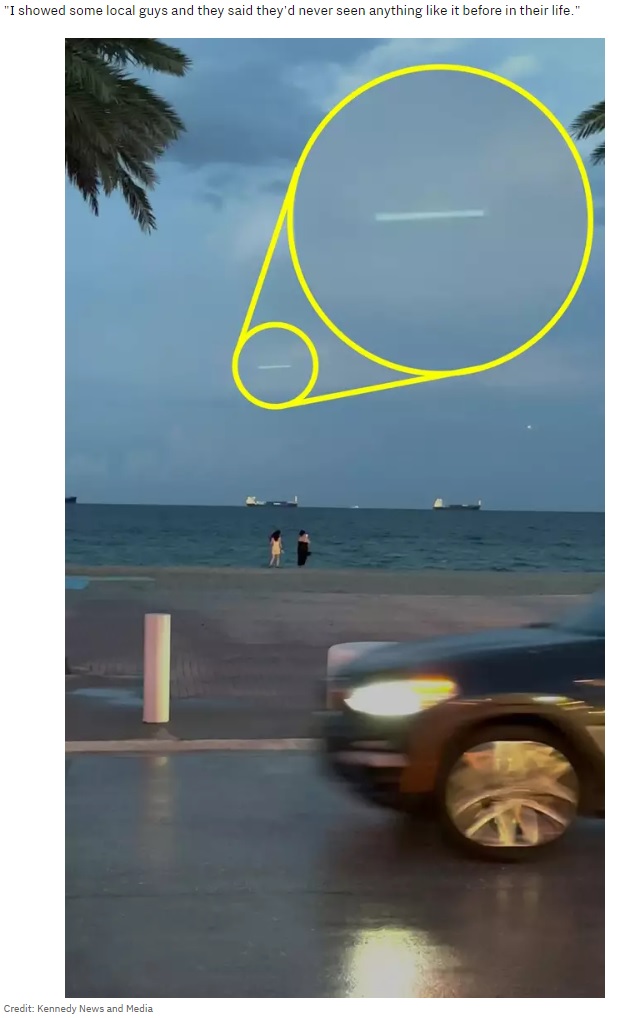 UFOとされる物体の拡大図。ボストンで金融アナリストとして働くカーメンさんは、自身を理論的な思考の持ち主だといい、撮影時の状況や既知の技術などを鑑みて、これはエイリアンの宇宙船か、米国政府が国民に公開していないテクノロジーだと信じている（画像は『UNILAD　2023年8月3日付「‘UFO’ spotted flying ‘2,000mph’ over beach through storm」（Credit: Kennedy News and Media）』のスクリーンショット）