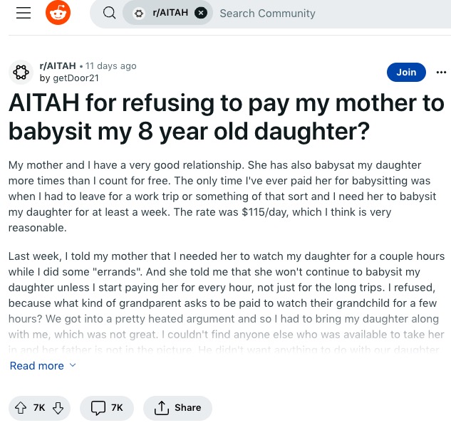 自分の親に娘の子守りをお願いしたところ、報酬を払うよう求められたという投稿が物議を醸す（画像は『getDoor21　2023年8月29日付Reddit「AITAH for refusing to pay my mother to babysit my 8 year old daughter?」』のスクリーンショット）