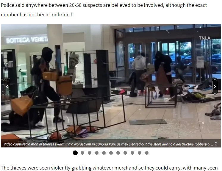 ノードストロームのメインフロアを駆け抜け、店員や買い物客がいる目の前で、数万ドル相当の品物を掴んでドアから走り出す強盗グループ（画像は『KTLA　2023年8月14日付「Video captures mob of robbers swarming Nordstrom in Topanga mall」（TNLA）』のスクリーンショット）