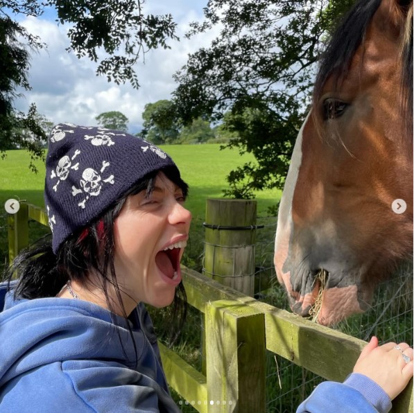田園風景をバックに、ビリー・アイリッシュが馬に向かって何かを叫んでいる？（画像は『BILLIE EILISH　2023年9月20日付Instagram』のスクリーンショット）