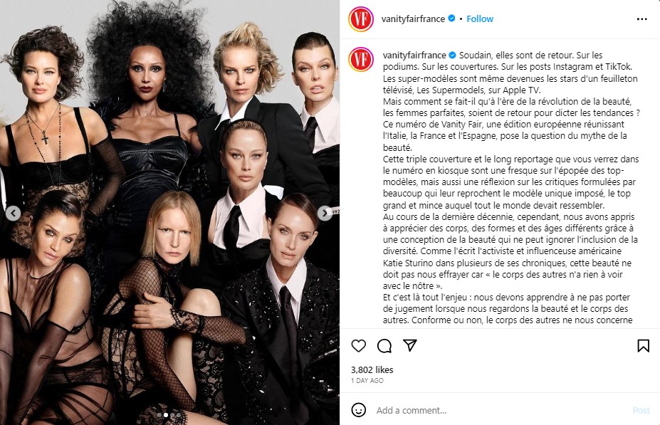 ファッション界の大物モデルが集結した写真。ファッション・フォトグラファー・デュオ「ルイージ＆イアンゴ」によるプロジェクトだ。（画像は『Vanity Fair France　2023年9月26日付Instagram「Soudain, elles sont de retour.」』）のスクリーンショット）