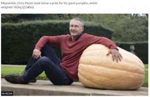 巨大な野菜コンテストで入賞した巨大かぼちゃと生産者の男性（画像は『BBC News　2023年9月17日付「Eye-watering sized onion 'sets new world record' at Harrogate show」（PA MEDIA）』のスクリーンショット）