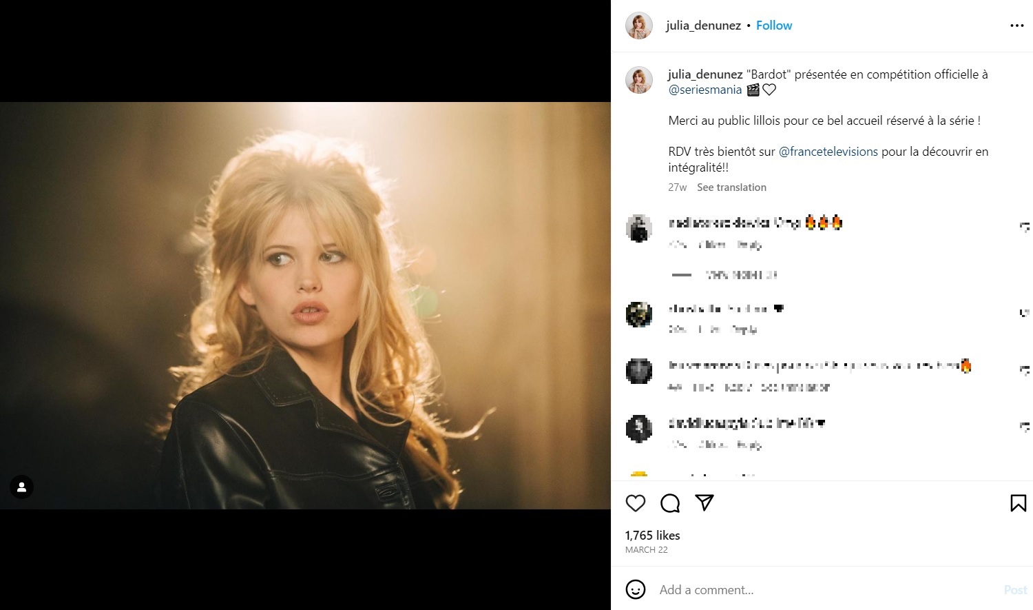 『Bardot』で若きブリジット・バルドーを演じるジュリアン・デ・ヌニェス（画像は『Julia de Nunez　2023年3月22日付Instagram「“Bardot” présentée en compétition officielle à ＠seriesmania」』のスクリーンショット）