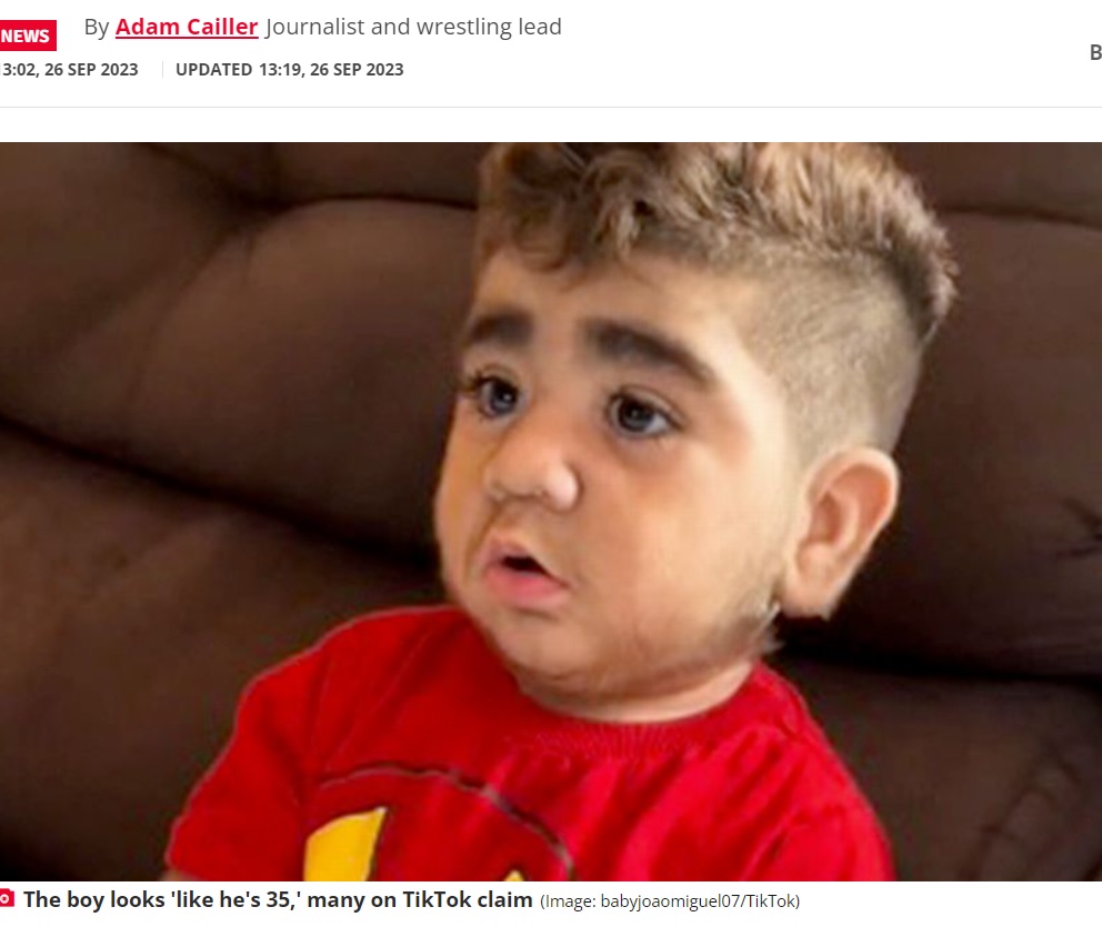 オムツをつけながらも、大人のような濃い顔立ちのブラジルの1歳男児がTikTokで話題となっている。動画を見た人からは「35歳？」「仕事帰り？」といったジョークや「可愛い」「癒される」という声も（画像は『The Daily Star　2023年9月26日付「Baby boy with 'beard better than most men' goes viral because he 'looks 35'」（Image: babyjoaomiguel07/TikTok）』のスクリーンショット）