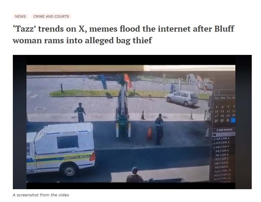 バッグを奪われた被害女性、なんとかバッグを取り戻そうと必死で強盗を車で追いかけた（画像は『IOL　2023年9月30日付「‘Tazz’ trends on X, memes flood the internet after Bluff woman rams into alleged bag thief」』のスクリーンショット）