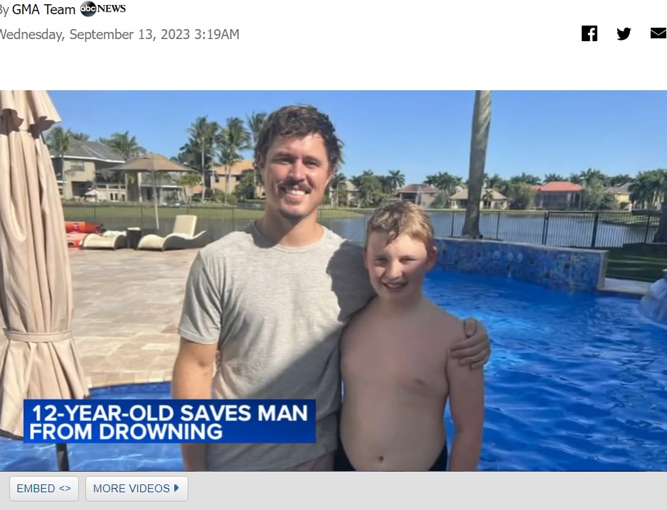 「オースティン君の強さや賢さに驚いている。彼がいなかったら僕は今ここにはいないし、彼は僕のヒーローだよ」と語るジェイソンさん（左）とオースティン君（画像は『ABC7　2023年9月13日付「Caught on video: 12-year-old saves drowning man, credits CPR learned from ‘Stranger Things’」』のスクリーンショット）