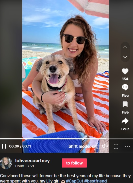 リリーはもともと動物シェルターから引き取った犬で、コートニーさんにとってはかけがえのない存在なのだそう。動画を見た人からは「早く元気になって！」という声も届いている（画像は『Court　2023年7月21日付TikTok「Convinced these will forever be the best years of my life」』のスクリーンショット）