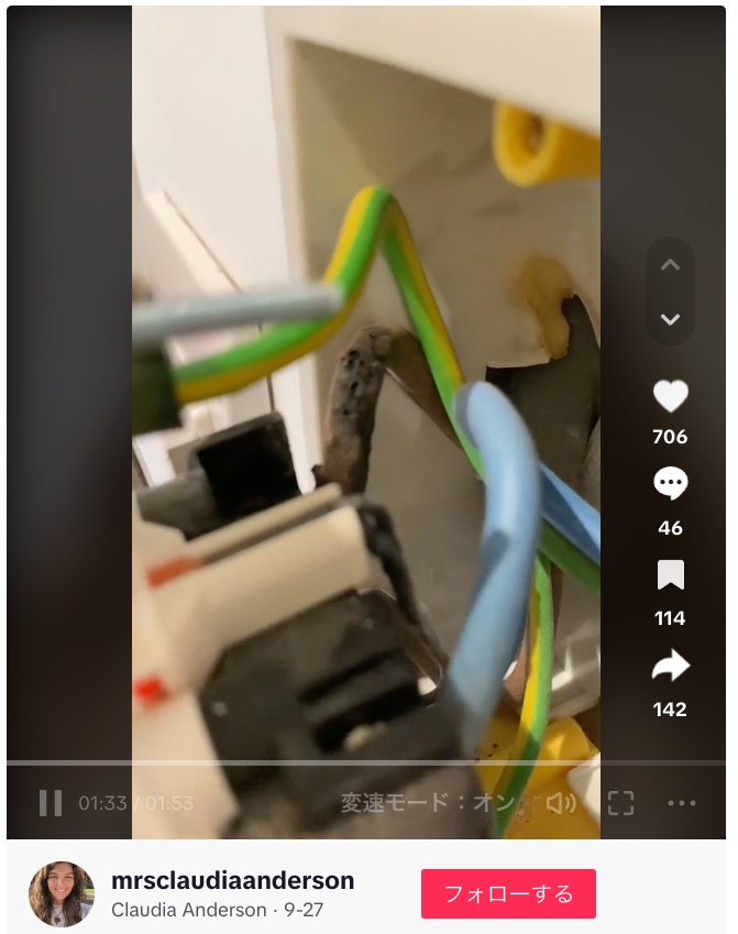 ヒューズボックスの中の電線が断線してプラスチックの部分が熱で溶けてニオイを発していたことが判明（画像は『Claudia Anderson　2023年9月27日付TikTok「Fishy smell in your bedroom? CALL AN ELECTRICIAN!!!」』のスクリーンショット）