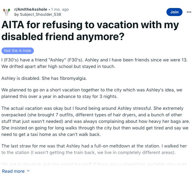 「線維筋痛症」を患う友人と旅行した女性。「また1年後に一緒に旅行しよう」と言われて断ったことを明かすも、女性を擁護する声が相次いだ（画像は『Subject_Shoulder_538 2023年8月31日付Reddit「AITA for refusing to vacation with my disabled friend anymore?」』のスクリーンショット）