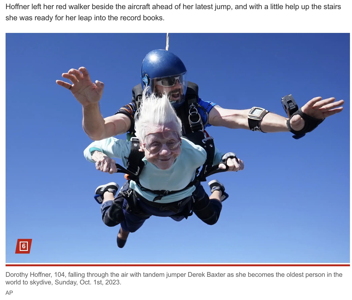 100歳の時に初めてスカイダイビングを経験した後、今度は世界最高齢でスカイダイビングに挑戦した104歳のドロシーさん（画像は『New York Post　2023年10月2日付「104-year-old skydiver makes record-setting jump」（AP）』のスクリーンショット）
