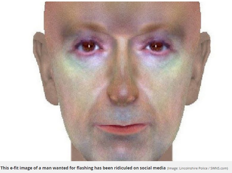 2017年7月に英リンカンシャー警察が公表したイーフィット画像には「この似顔絵で捕まえることができたら奇跡」という声もあがっていた（画像は『Mirror　2017年7月29日付「E-fit image of man wanted for flashing ridiculed for hilarious likeness to an ALIEN」（Image: Lincolnshire Police / SWNS.com）』のスクリーンショット）