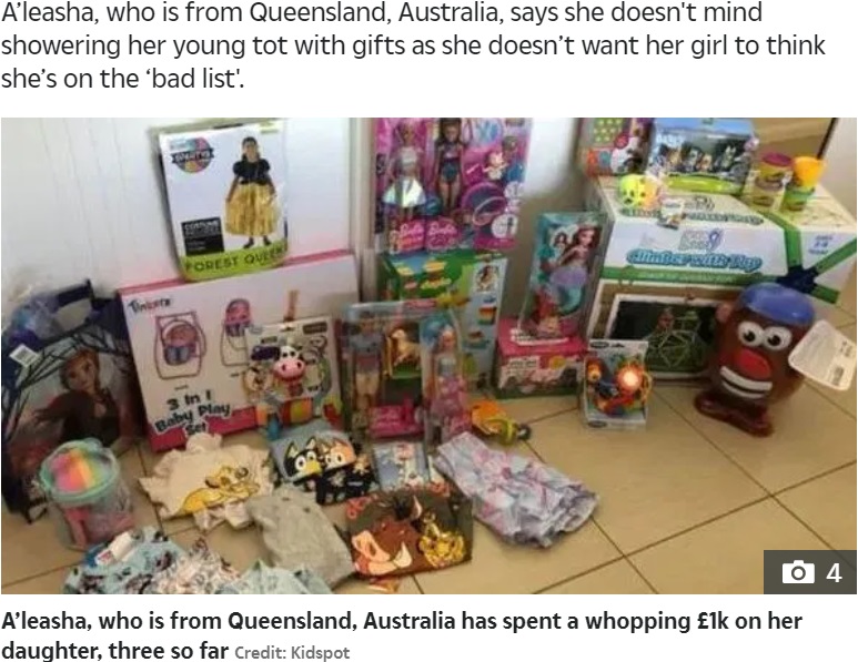 豪クイーンズランド州で2020年、3歳娘のために約11万円分のクリスマスプレゼントを用意した母親には「買い与えすぎ」と批判の声があがっていた（画像は『The Irish Sun　2020年12月8日付「GIFTED Mum slammed for toddler’s ￡1k Christmas present haul wants her daughter to be ‘spoilt’ so the day is all about her」（Credit: Kidspot）』のスクリーンショット）