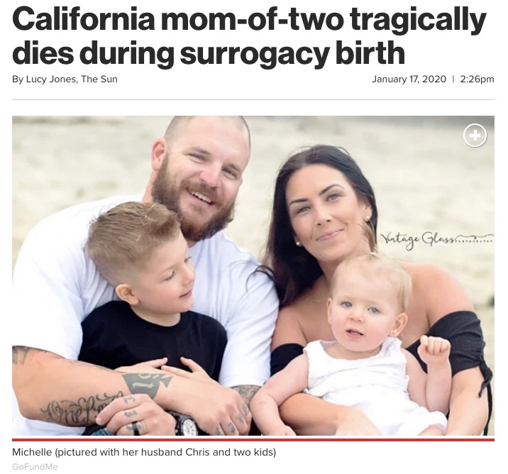 米カリフォルニア州の女性（右上）は近所に住む夫婦のため代理母になったが、2020年1月、出産中に合併症を起こし、夫と実子2人を残して死亡した（画像は『New York Post　2020年1月17日付「California mom-of-two tragically dies during surrogacy birth」（GoFundMe）』のスクリーンショット）